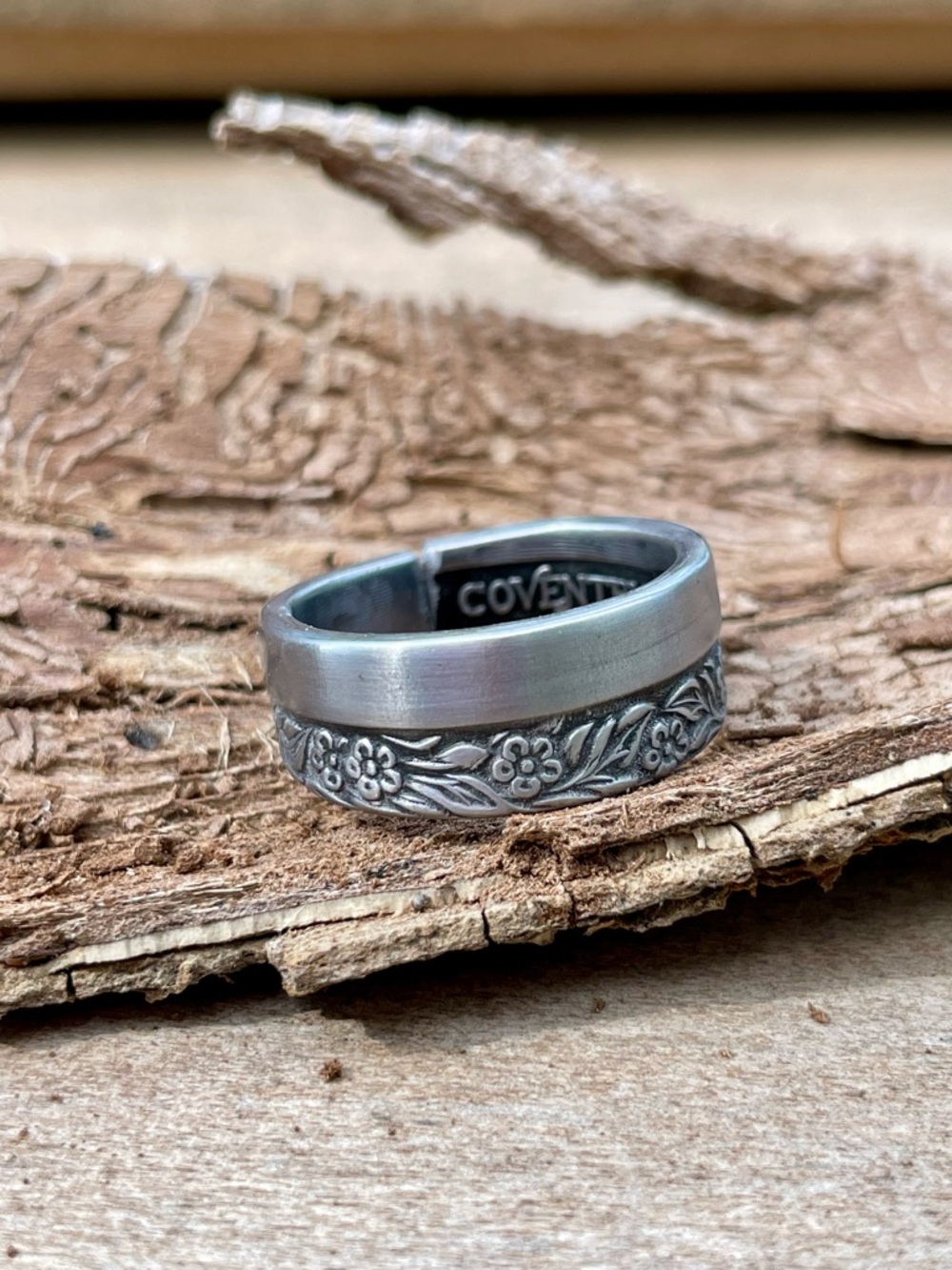 Floral Carved Band in Silver-Tone